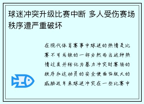 球迷冲突升级比赛中断 多人受伤赛场秩序遭严重破坏
